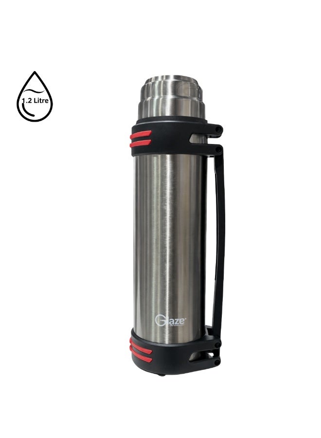 جليز قارورة ماء من الستانلس ستيل بسعة 1.2 لتر بعزل فراغي، ترمس للمشروبات الساخنة والباردة، كوب سفر مانع للتسرب، قارورة محمولة للقهوة والشاي للمكتب، السيارة، الصالة الرياضية والنشاطات الخارجية – فضي - Image 1